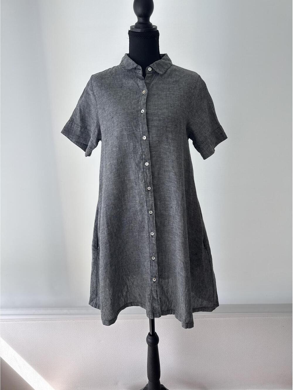 Tahari 100% Linen Shirt Dress Gray Button Front Short Sleeve M